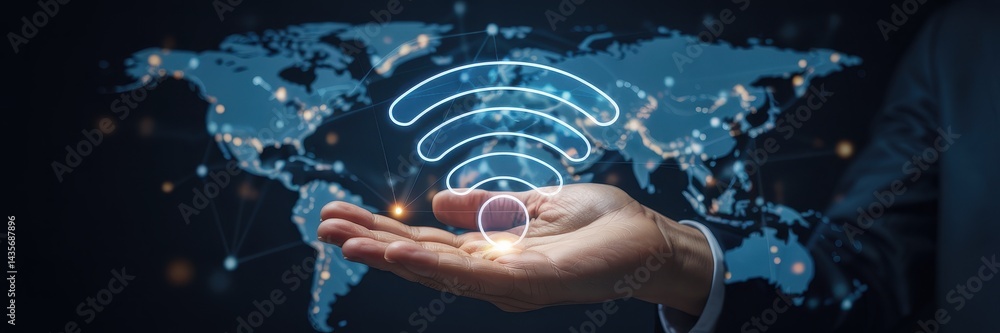 Aufkleber global wireless network connection displayed in a hand.