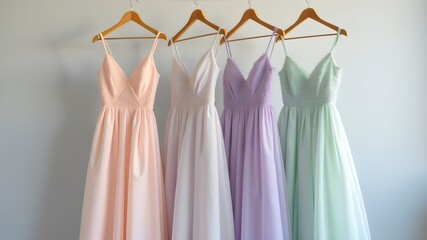 Elegant Pastel Chiffon and Satin Dresses on Gold Rack Against Grey Background 