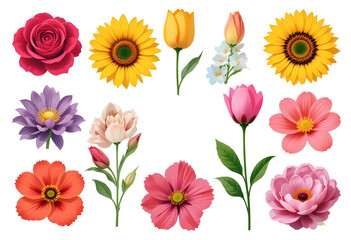 A Collection Of 12 Unique Vector Flowers Arranged In One Image, Including a Mix of Rose, Daisy, Tulip, Sunflower, Lotus And More, Isolated White Background