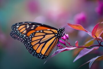 Fototapeta premium Monarca Majesty: A Macro View of the Butterfly Thriving Among Vibrant Flowers and Lush Greenery