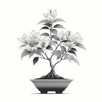 recommend clip art: Bougainvillea Bonsai Tree. Elegant Monochrome Bougainvillea Bonsai Illustration