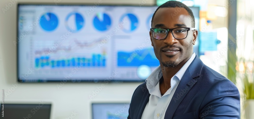 Poster analyst smiles by data charts display