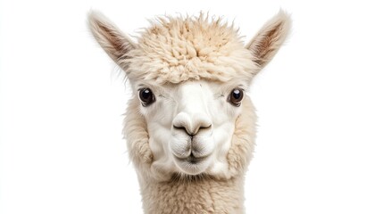 Fototapeta premium Close-up portrait of a fluffy white alpaca facing the camera.