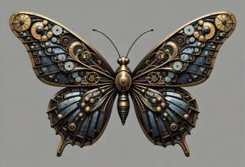 Butterfly With Steampunk Mechanical Wings Art, Gears And Clockwork Pieces Forming The Patterns, Metallic Textures,Isolated Gray Background Design