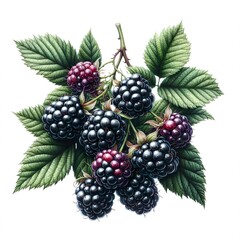 Blackberry on bowl, digital painting watercolor illustration, isolated on white background
