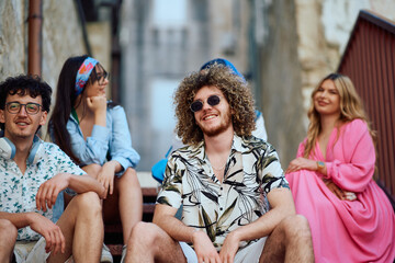 A Multi Ethnic Group of Teenagers Sitting Between Buildings in an Old Mediterranean Tourist City.