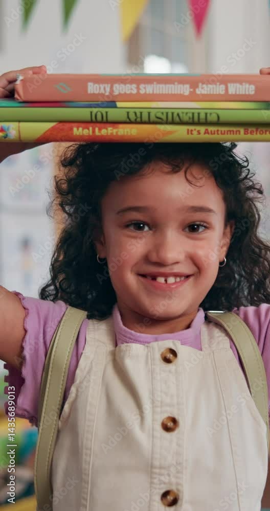 Poster balance, face and girl with books in classroom for reading development, scholarship and ready for ed