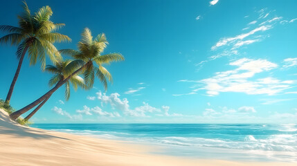 Fototapeta premium Tropical beach scene with palm trees and clear blue sky.