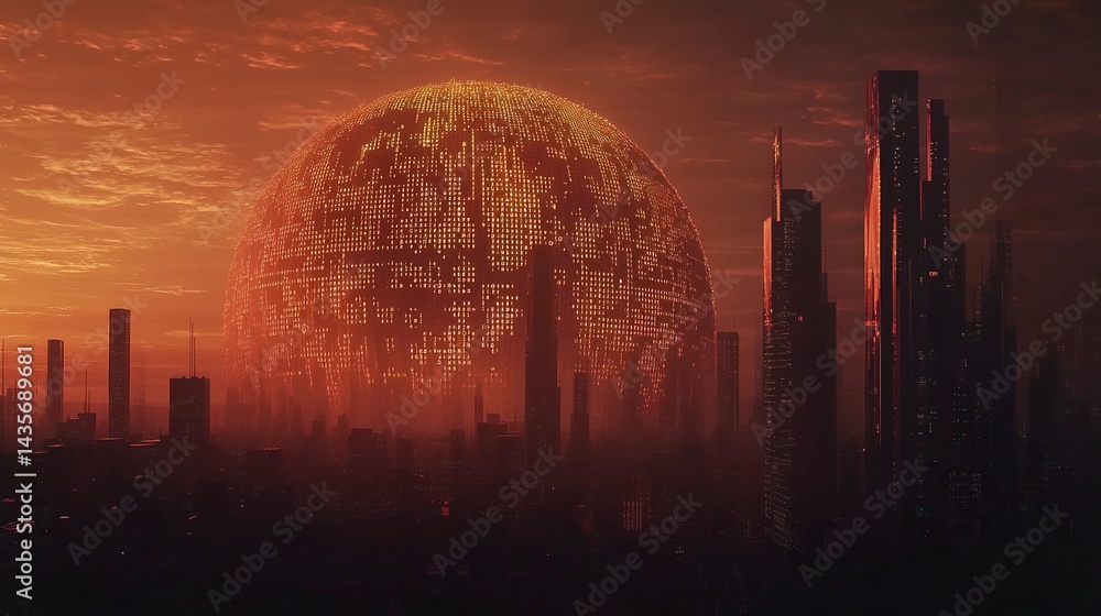 Poster digital earth globe with binary code and digital network background, ai technology concept with city