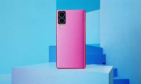 Pink phone on the tabel with blue background