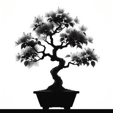 recommend clip art: Bougainvillea Bonsai Tree. Serene Black and White Bonsai Tree Silhouette