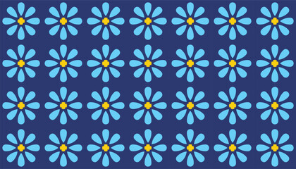 Cute seamless floral pattern featuring blue cartoon flowers with yellow centers on a navy blue background. Perfect for children's designs, spring themes, textiles, and cheerful packaging