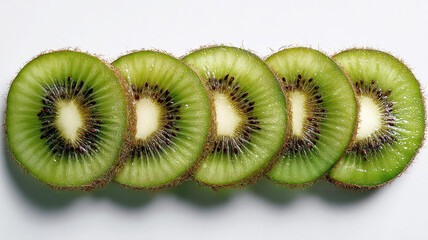 Fresh kiwi slices arranged in row, showcasing vibrant green flesh and black seeds