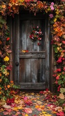 Autumn leaves, flowers adorn old wooden door.