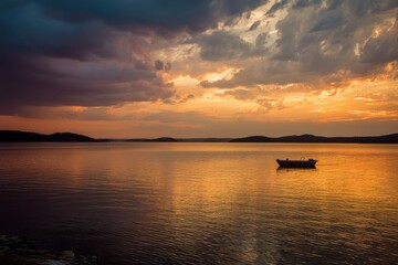 Serene Sunset Reflections on Table Rock Lake, Missouri: A Tranquil Evening with Boats and Clouds