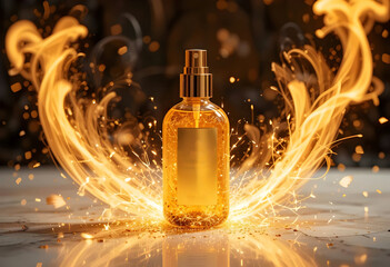 A Luxurious Hair Serum Bottle, With Golden Fire Sparks Swirling Around It As If Igniting From The Product Itself, Cosmatics Product Photography Concept Design