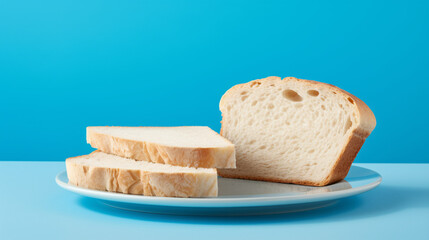 One piece of sliced bread hovering over another slice, captured against a blue background in food photography.

