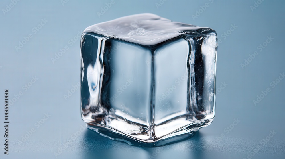 Aufkleber crystal clear ice cube with reflective shine on blue gradient surface minimalist abstract frozen wat