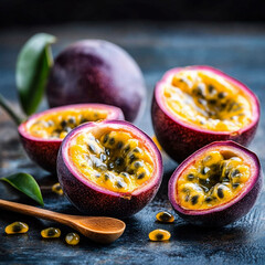 Ripe passion fruit on a table