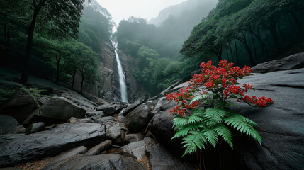 Serene Waterfall in Lush Valley: A breathtaking view of a cascading waterfall.