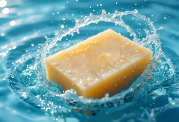  Beautifully Crafted Soap Bar Surrounded By a Gentle Water Splash As If It's Just Been Dropped Into Water, Product Photography Studio shot