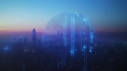 Digital Earth globe with digital data and technology background, city skyline silhouette on the horizon, blue gradient background, grid lines, binary code. Digital marketing concept design for global 