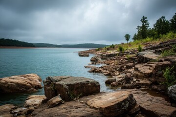 Serene Broken Bow Lake in Oklahoma: A Tranquil Landscape of Blue Waters, Cloudy Skies, and Lush Green Outdoors