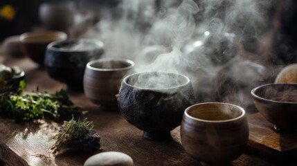 Obraz premium Elegant steaming bowls on rustic wooden table with fresh herbs