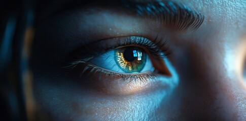 Digital eye with a digital screen on a dark background, a close-up view of a woman's brown eyes and iris in a cyber security concept, a futuristic tech and data technology theme. A digital world 