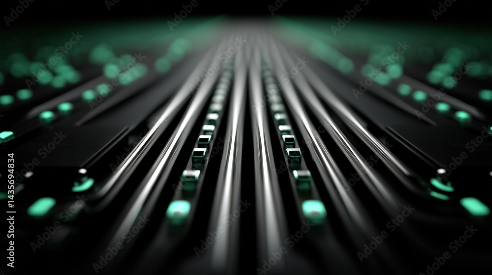 Poster green illuminated fiber optic lines converging toward vanishing point on black background futuristic
