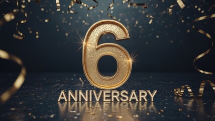Gold celebratory numeral six marking sixth anniversary.