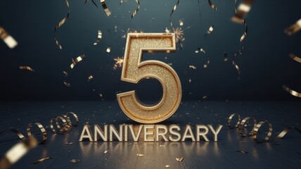 Gold stylized numeral five representing fifth anniversary celebration.