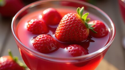 A delicious glass of vibrant red strawberry jelly with fresh strawberries and mint garnish under natural light