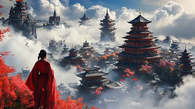 Woman overlooking a misty fantastical city with traditional architecture.