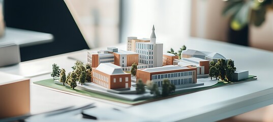 Educational Institution Miniature Background with Dormitories and Halls on Work Desk Featuring Branding and Defocused Space