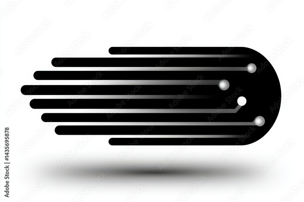 Poster abstract black symbol on white field resembling directional data stream or minimalist tech glyph con