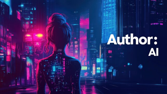 digital illustration of a futuristic city at night. The background is a cityscape with tall buildings and neon lights. The word Author  AI