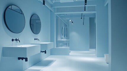 Modern minimalist blue bathroom hallway design, interior architecture