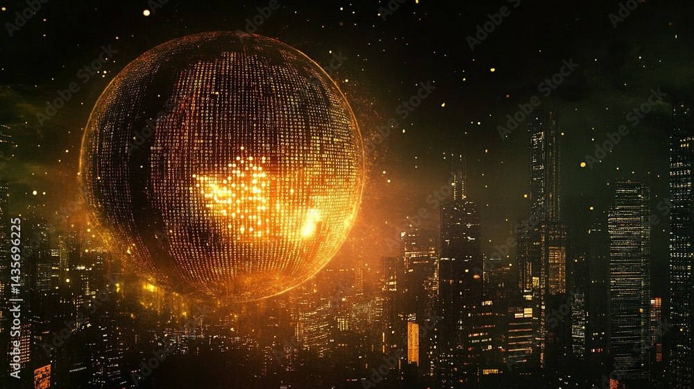 Poster digital globe with binary code and city skyline background, technology concept for global business o