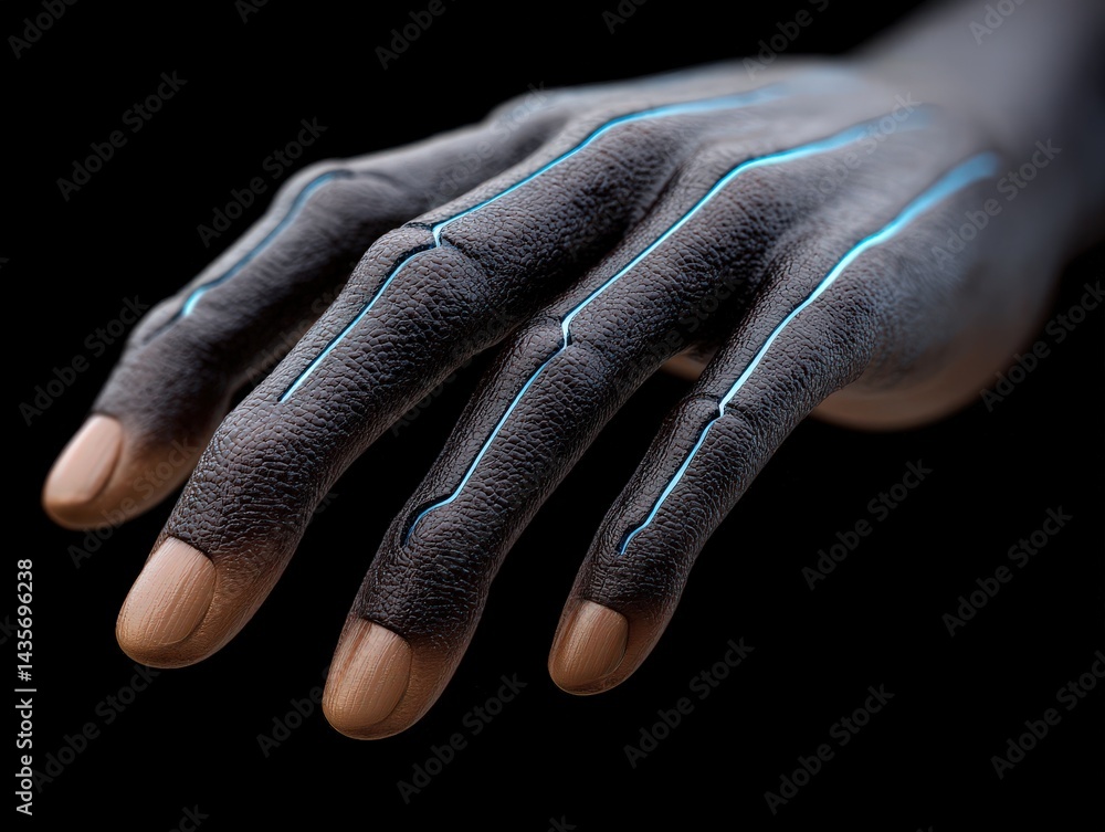 Aufkleber human-like synthetic hand with illuminated blue circuitry lines stretching across dark tech space sy