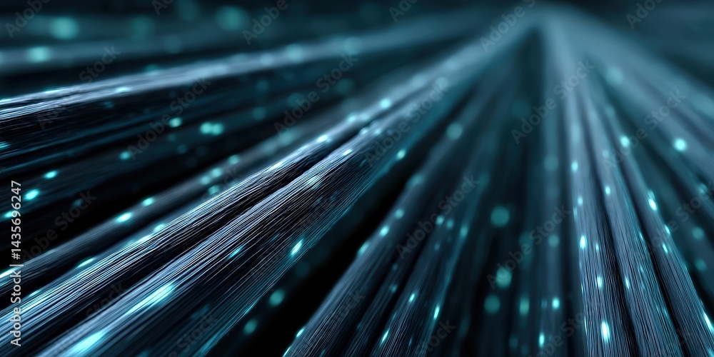 Poster abstract fiber optic texture in motion with neon blue streaks flowing through black space representi