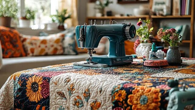 Sewing machine on a patchwork quilt.