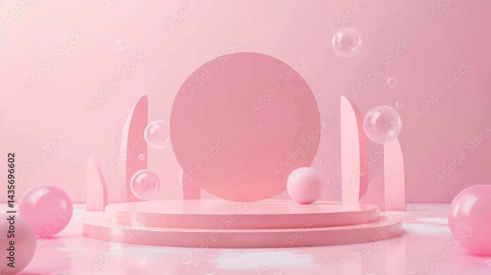 Poster ping background product display with spiral shape and bubble decoration.