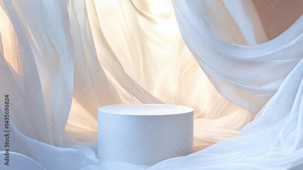 Poster elegant white fabric background with circular platform for product display.