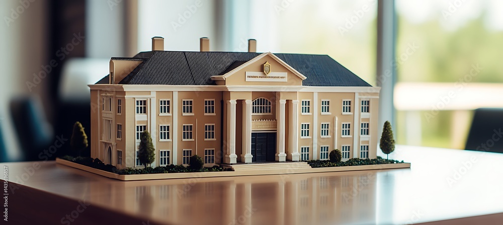 Poster miniature university building model on wooden desk with branding space in professional office backgr