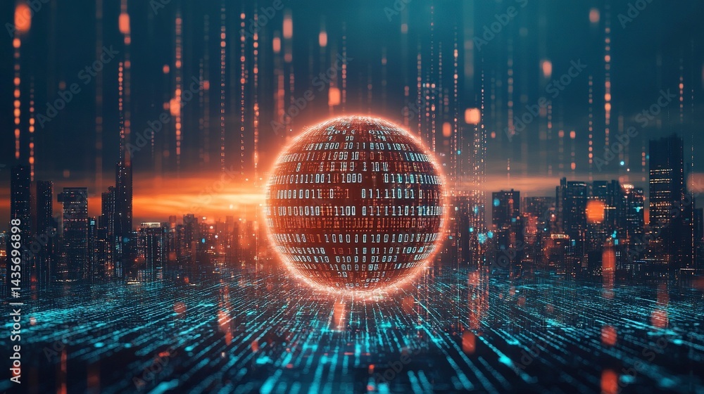 Poster digital globe with binary code and city skyline background, technology concept for global business o