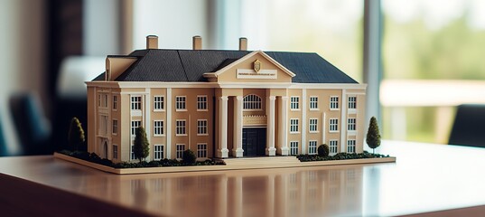 Miniature University Building Model on Wooden Desk with Branding Space in Professional Office Background for Academic Concepts