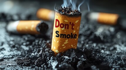 A symbolic image of a cigarette dissolving into black ash, with the words "Don't Smoke" above in striking red