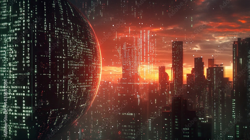Poster digital globe with binary code and city skyline background, technology concept for global business o