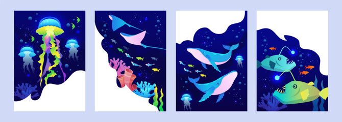 Set of sea banners. Whales, jellyfish, fish, stingray. Underwater world. Vector cartoon illustration